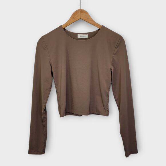 Aritzia Tops - Aritzia Babaton Contour Crew Long Sleeve Cropped Top Size Large Mocha Brown Soft